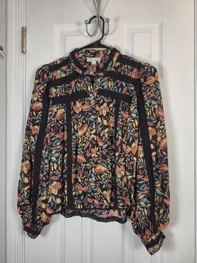 Jennifer Grace Floral Boho Blouse Crochet Trim Lace Button Down Size M